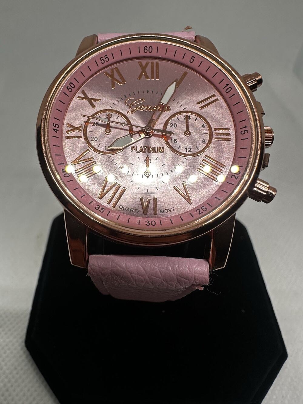 Geneva Womens Watch Pink Rose Gold Faux Leather Band Pink Dial Quartz 8.75 Inch